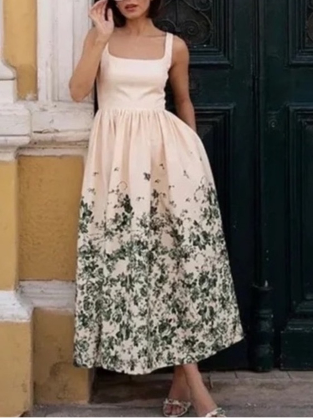 ANTONIO MELANI Cream Green Twill Floral Rose Print Midi Dress